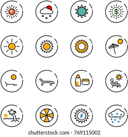 line vector icon set - sun vector, snowfall, dollar, beach, lounger, uv cream, palm, parasol, power, snow
