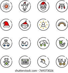 line vector icon set - sun vector, santa claus, garland, christmas hat, elf, star man, rainbow, car toy, baby, elephant wheel, caterpillar, bear, piano, unicorn stick, cat
