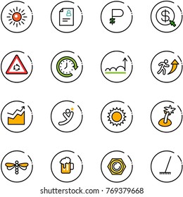 line vector icon set - sun vector, patient card, ruble, money click, round motion road sign, clock around, growth, career, flying man, palm, dragonfly, beer, nut, rake