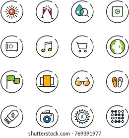 line vector icon set - sun vector, wine glasses, blood test, safe, music, cart, globe, flag, doors, sunglasses, flip flops, usb wi fi, camera, power, circuit