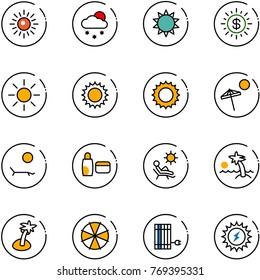 line vector icon set - sun vector, snowfall, dollar, beach, lounger, uv cream, palm, parasol, panel, power