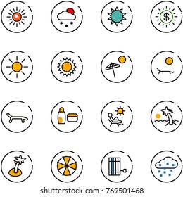 line vector icon set - sun vector, snowfall, dollar, beach, lounger, uv cream, palm, parasol, panel, snow