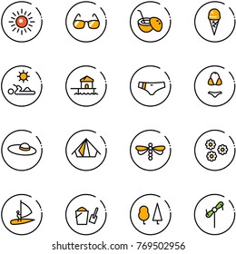 line vector icon set - sun vector, sunglasses, coconut cocktail, ice cream, reading, bungalow, swimsuit, woman hat, tent, dragonfly, flower, windsurfing, bucket scoop, forest, toy windmill