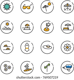 line vector icon set - sun vector, sunglasses, beach, outdoor cafe, reading, bungalow, palm, inflatable pool, flip flops, swimsuit, woman hat, flower, surfing, toy windmill, water gun