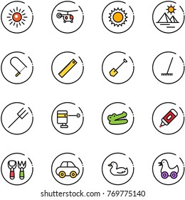 line vector icon set - sun vector, helicopter, pyramid, fretsaw, ruler, shovel, rake, farm fork, laser lever, crocodile, marker, toy, car, duck