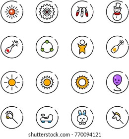 line vector icon set - sun vector, firework, garland, snowman, champagne, community, success, fizz opening, balloon smile, horse stick toy, baby car, rabbit, unicorn