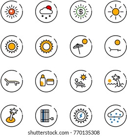 line vector icon set - sun vector, snowfall, dollar, beach, lounger, uv cream, palm, panel, power, snow