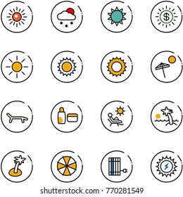 line vector icon set - sun vector, snowfall, dollar, beach, lounger, uv cream, palm, parasol, panel, power