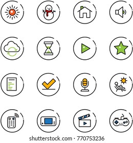 Line Vector Icon Set - Sun Vector, Snowman, Home, Low Volume, Refresh Cloud, Sand Clock, Play, Star, Document, Check, Microphone, Beach, Remote Control, Game Console, Movie Flap, Gamepad