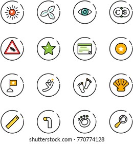 line vector icon set - sun vector, three leafs, eye, euro dollar, multi lane traffic road sign, star, schedule, medal, flag, flying man, feet, shell, ruler, allen key, beanbag