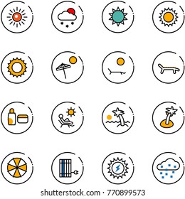 line vector icon set - sun vector, snowfall, beach, lounger, uv cream, palm, parasol, panel, power, snow