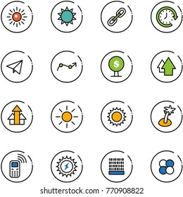 line vector icon set - sun vector, link, clock around, paper fly, chart point arrow, money tree, up, arrows, palm, mobile phone, power, binary code, atom core