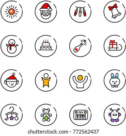 line vector icon set - sun vector, santa claus, garland, bell, snowman, cake, champagne, sleigh gift, christmas elf, success, toy rabbit, baby carousel, bear, piano, monster