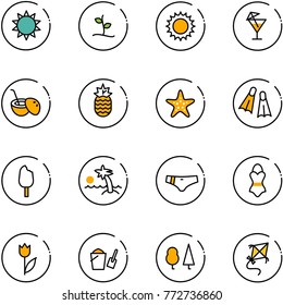 line vector icon set - sun vector, sproute, drink, coconut cocktail, pineapple, starfish, flippers, ice cream, palm, swimsuit, tulip, bucket scoop, forest, kite