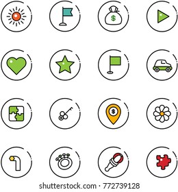 line vector icon set - sun vector, flag, money bag, play, heart, star, car, puzzle, key, atm map pin, flower, allen, beanbag