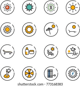 line vector icon set - sun vector, dollar, beach, lounger, uv cream, palm, parasol, panel, power