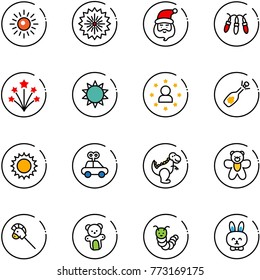 line vector icon set - sun vector, firework, santa claus, garland, star man, fizz opening, car toy, dinosaur, bear, horse stick, caterpillar, rabbit