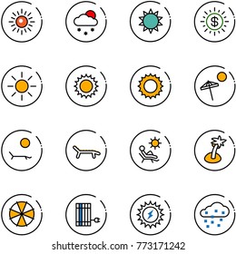 line vector icon set - sun vector, snowfall, dollar, beach, lounger, palm, parasol, panel, power, snow