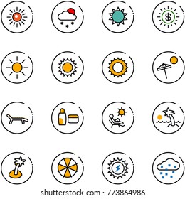 line vector icon set - sun vector, snowfall, dollar, beach, lounger, uv cream, palm, parasol, power, snow