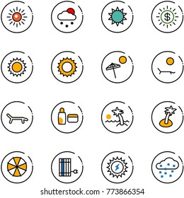 line vector icon set - sun vector, snowfall, dollar, beach, lounger, uv cream, palm, parasol, panel, power, snow