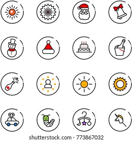 line vector icon set - sun vector, firework, santa claus, bell, snowman, christmas hat, cake, champagne, star man, car toy, caterpillar, baby carousel, unicorn stick
