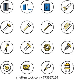 line vector icon set - sun panel vector, water power plant, battery, saw, hammer, sledgehammer, mason, trowel, plumber, bolt, nut, screw, disk, jig, oiler, toy block house