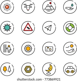line vector icon set - sun vector, christmas deer, mountains, drop hand, multi lane traffic road sign, paper fly, circle chart, opportunity, photo, waves, forest, nut, moon lamp, car