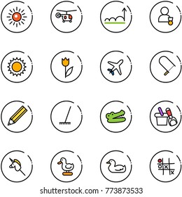 line vector icon set - sun vector, helicopter, growth, winner, tulip, plane, fretsaw, pencil, rake, crocodile, shovel bucket, toy unicorn stick, duck, Tic tac toe