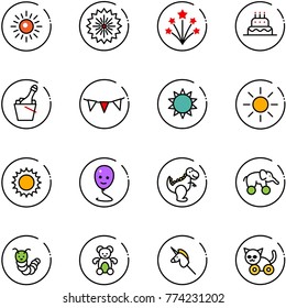 line vector icon set - sun vector, firework, cake, champagne, flag garland, balloon smile, dinosaur toy, elephant wheel, caterpillar, bear, unicorn stick, cat