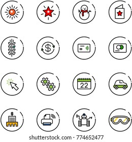 line vector icon set - sun vector, christmas star, snowman, postcard, spica, dollar exchange, tap pay, credit card, cursor, gear, calendar, car, bank building, printer wireless, robot