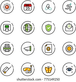 line vector icon set - sun vector, 25 dec calendar, pills, run, atm, globe, shield check, opened mail, printer, speaker horn, certificate, suitcase, diving, butterfly, eye scanner