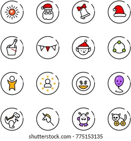 line vector icon set - sun vector, santa claus, bell, christmas hat, champagne, flag garland, elf, community, success, star man, money smile, balloon, dinosaur toy, unicorn stick, monster, cat