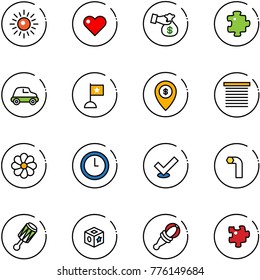line vector icon set - sun vector, heart, encashment, puzzle, car, flag, atm map pin, jalousie, flower, clock, check, allen key, beanbag, cube toy