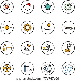 line vector icon set - sun vector, snowfall, dollar, lounger, uv cream, beach, palm, parasol, panel, power, snow