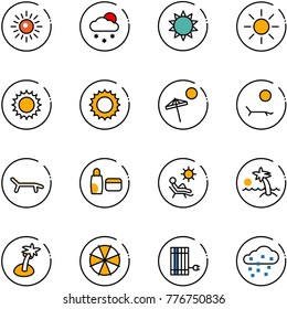 line vector icon set - sun vector, snowfall, beach, lounger, uv cream, palm, parasol, panel, snow
