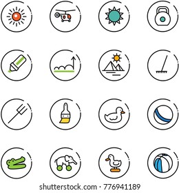 line vector icon set - sun vector, helicopter, weight, highlight marker, growth, pyramid, rake, farm fork, brush, duck toy, ball, crocodile, elephant wheel, basketball