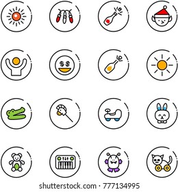 line vector icon set - sun vector, garland, champagne, christmas elf, success, money smile, fizz opening, crocodile, horse stick toy, baby car, rabbit, bear, piano, monster, cat