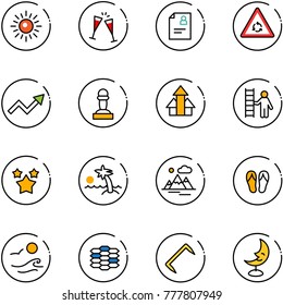 line vector icon set - sun vector, wine glasses, patient card, round motion road sign, growth arrow, pawn, arrows up, opportunity, stars, palm, mountains, flip flops, waves, carbon, staple