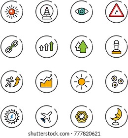 line vector icon set - sun vector, snowball tree, eye, turn right road sign, link, arrows up, arrow, pawn, career, growth, flower, power, plane, nut, moon lamp