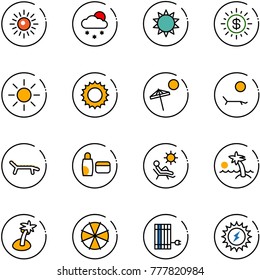 line vector icon set - sun vector, snowfall, dollar, beach, lounger, uv cream, palm, parasol, panel, power