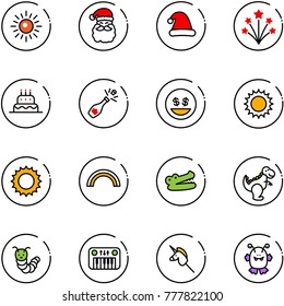 line vector icon set - sun vector, santa claus, christmas hat, firework, cake, champagne, money smile, rainbow, crocodile, dinosaur toy, caterpillar, piano, unicorn stick, monster