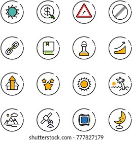 line vector icon set - sun vector, money click, turn right road sign, no limit, link, book, pawn, rise, arrows up, stars, palm, mountains, satellite, cpu, moon lamp
