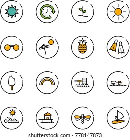 line vector icon set - sun vector, clock around, sproute, sunglasses, beach, pineapple, flippers, ice cream, rainbow, pool, swimming, reading, bungalow, dragonfly, windsurfing