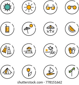 line vector icon set - sun vector, sunglasses, drink, beach, outdoor cafe, watermelone, flippers, bungalow, palm, flip flops, tent, tulip, windsurfing, toy windmill