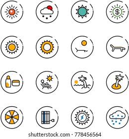 line vector icon set - sun vector, snowfall, dollar, lounger, uv cream, beach, palm, parasol, panel, power, snow