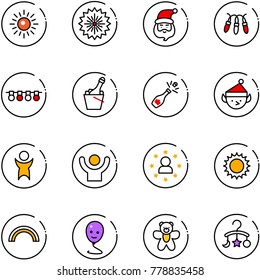 line vector icon set - sun vector, firework, santa claus, garland, champagne, christmas elf, success, star man, rainbow, balloon smile, bear toy, baby carousel