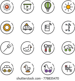line vector icon set - sun vector, presentation board, air balloon, car baggage, server wireless, bezier, farm fork, duck toy, shovel, elephant wheel, Tic tac toe