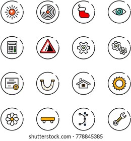 line vector icon set - sun vector, radar, christmas sock, eye, calculator, landslide road sign, gear, gears, certificate, luck, home, flower, skateboard, bezier, wrench