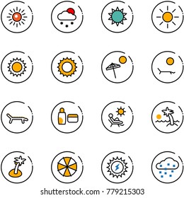 line vector icon set - sun vector, snowfall, beach, lounger, uv cream, palm, parasol, power, snow