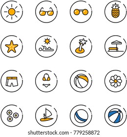 line vector icon set - sun vector, sunglasses, pineapple, starfish, reading, palm, inflatable pool, swimsuit, ball, flower, windsurfing, beach